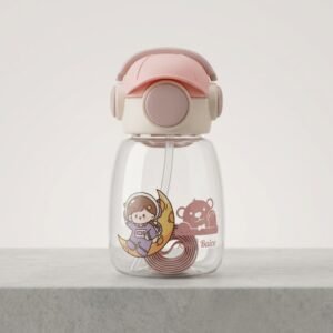 Cute Pink Bear Kids Straw Water Bottle