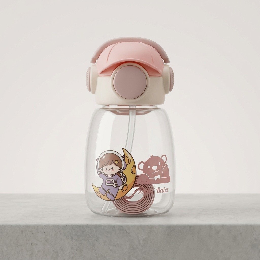 Cute Pink Bear Kids Straw Water Bottle